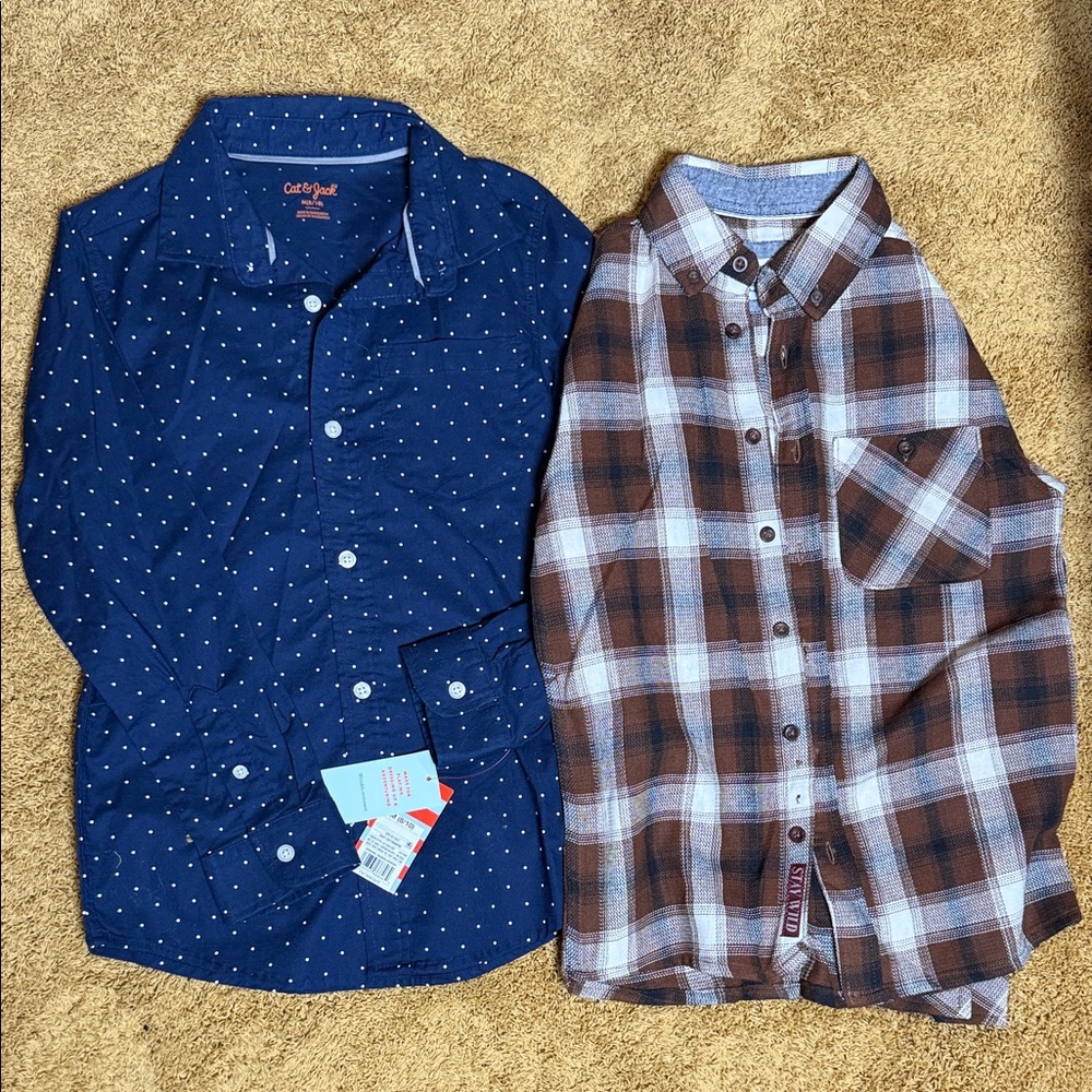 Blue Polka Dot Shirt and Brown Plaid Shirt